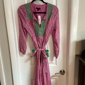 JCrew Belted tunic dress in pink vines block print